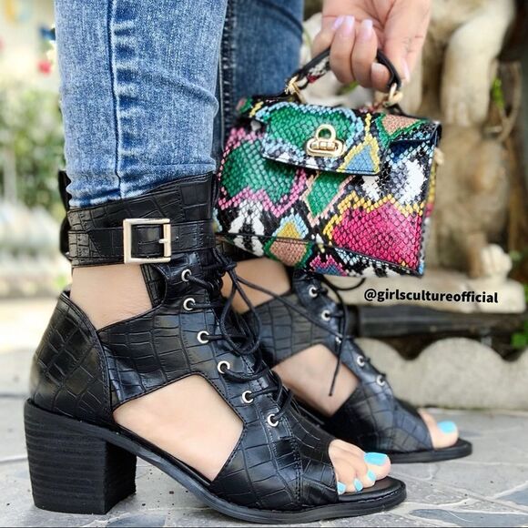 Black Croco Open Toe Bootie - Picture 2 of 6